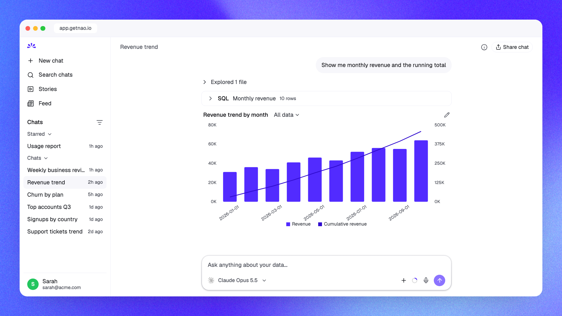 Chat with your data in nao: SQL, chart and answer in one thread