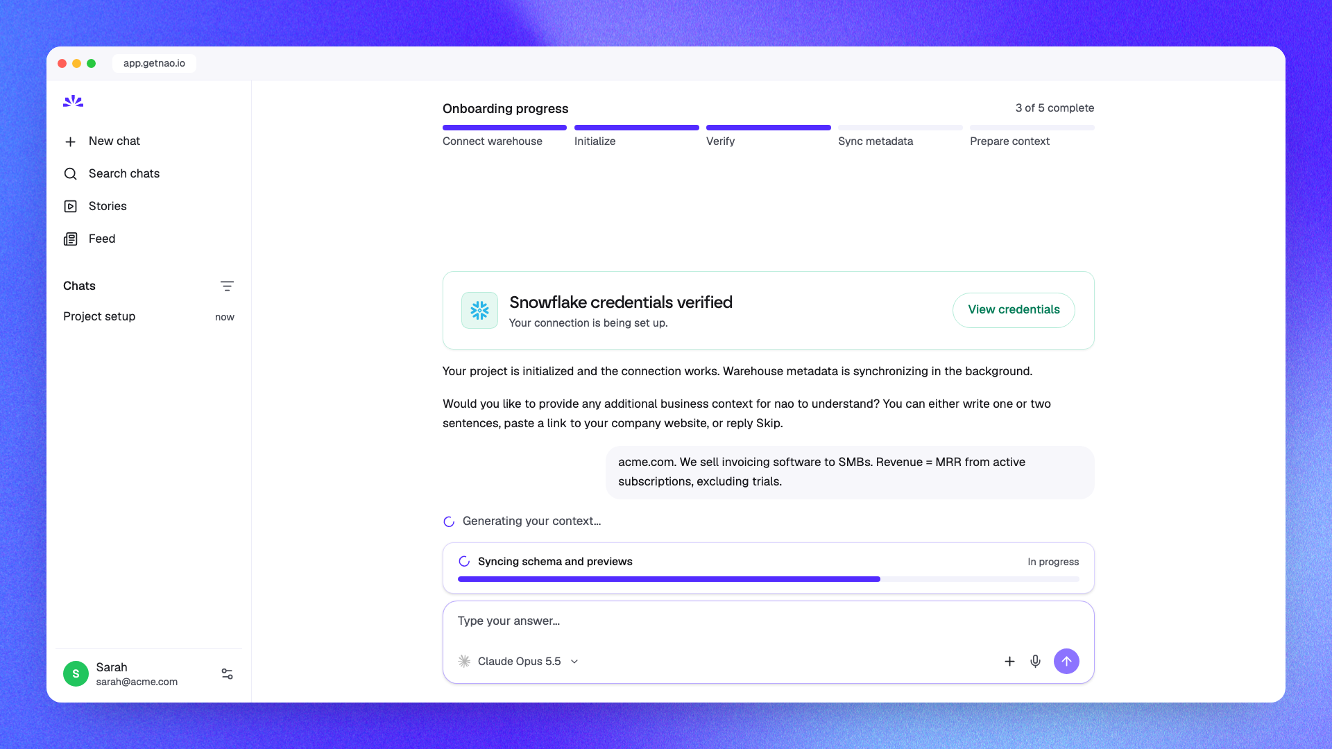 While metadata syncs, the onboarding agent asks for business context
