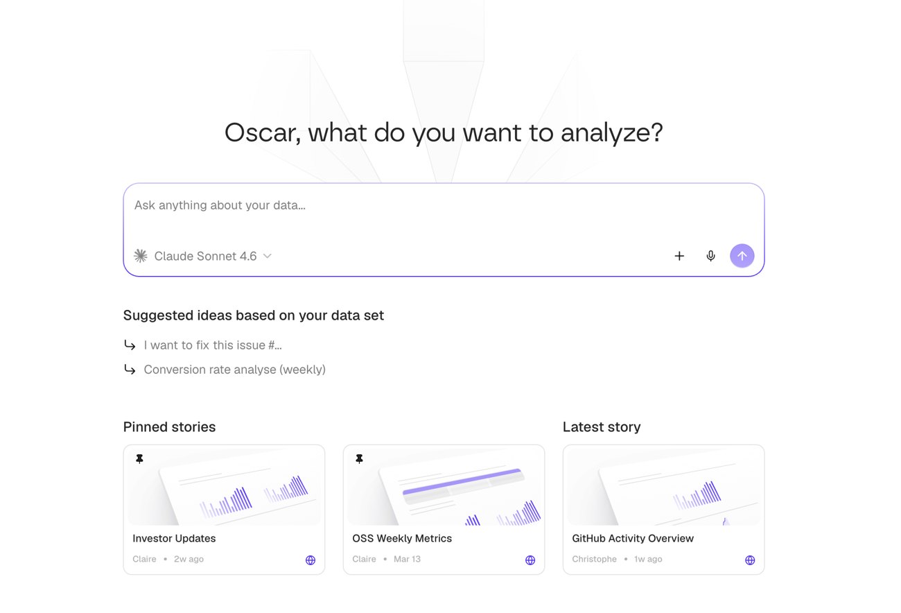 The redesigned nao home screen: one input, model picker, suggested ideas, and your latest stories